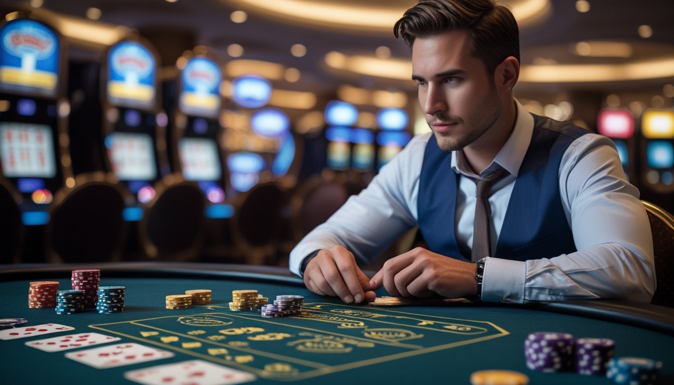 Seorang pemain di meja kasino dengan kartu dan chip poker, sedang memperhatikan permainan dengan serius.