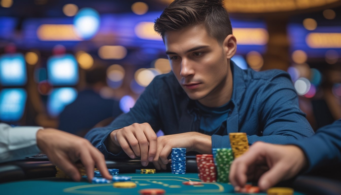 Seorang pria muda duduk di meja kasino dengan ekspresi fokus sambil mengatur chip permainan Casino War.
