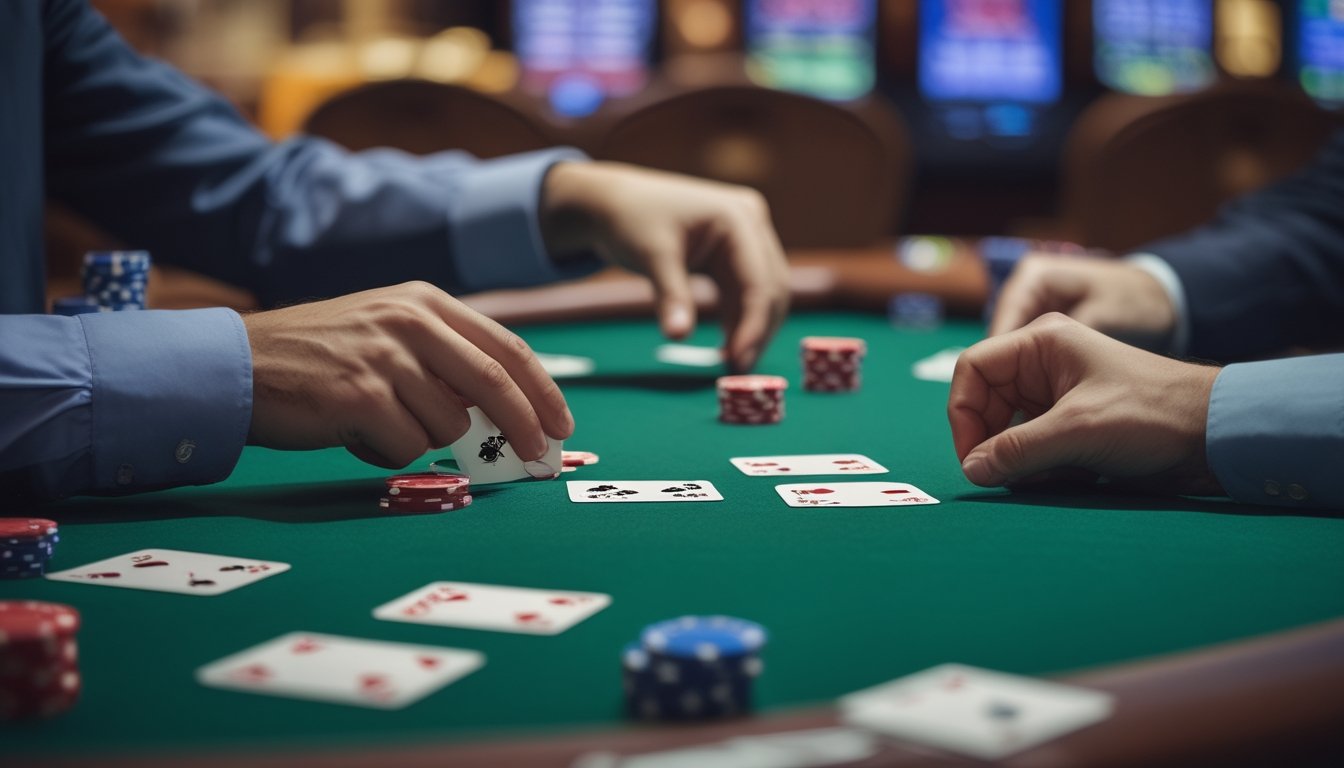 Meja kasino dengan permainan kartu Casino War, menampilkan tangan pemain dan dealer yang sedang bermain kartu di atas meja hijau.