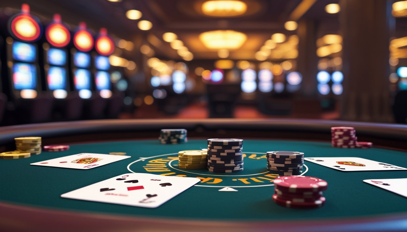 Meja kasino dengan kartu dan tumpukan chip, menampilkan permainan Casino War yang sederhana.