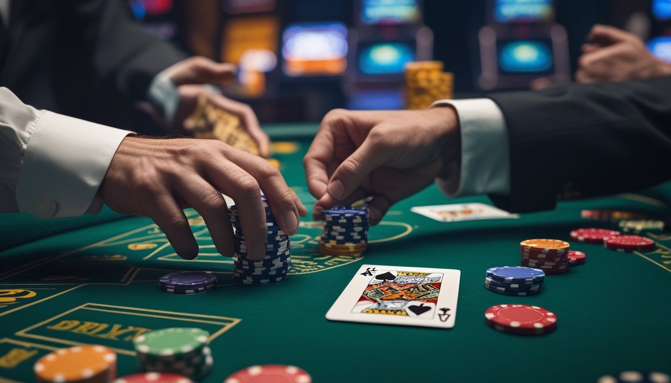 Dua pemain kasino sedang bermain Casino War, satu mendorong chip ke depan sementara yang lain menahan kartu dengan ragu di meja hijau.