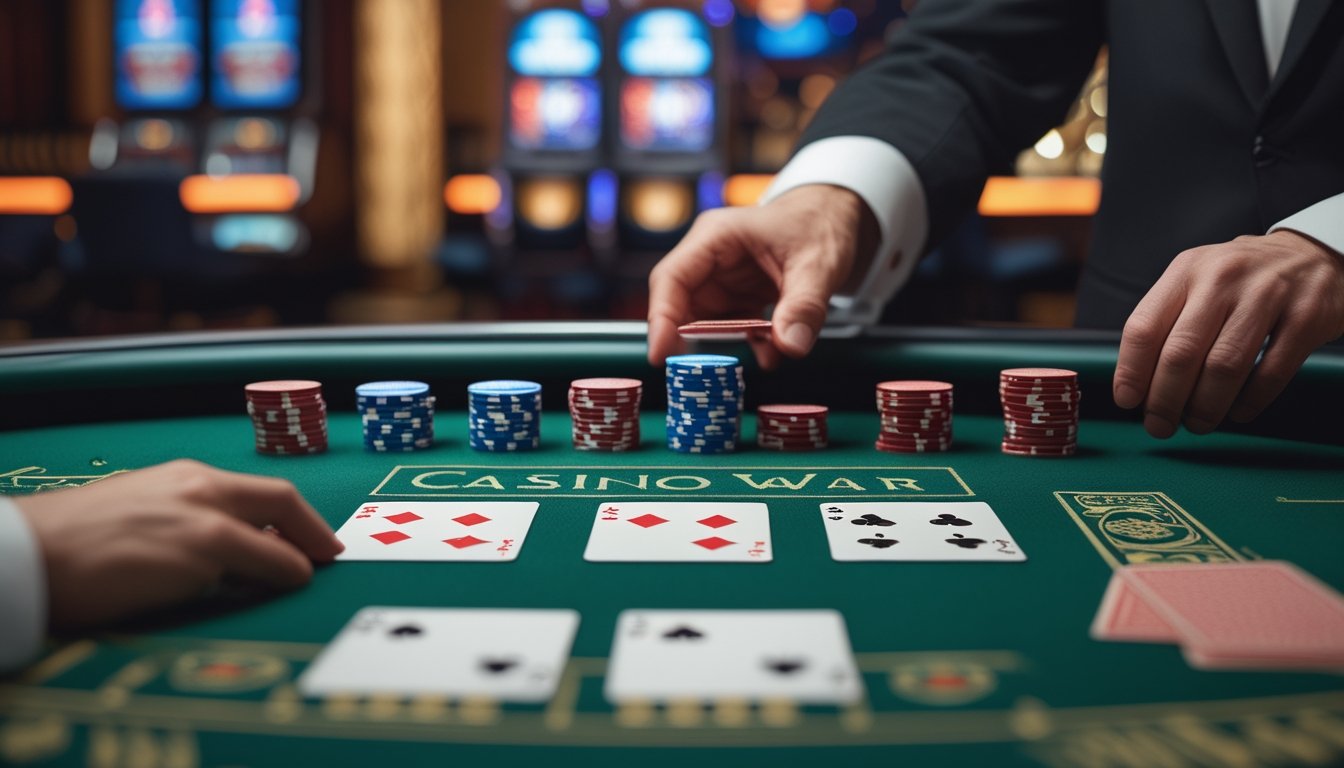 Meja kasino dengan kartu dan chip poker yang menunjukkan permainan Casino War sedang berlangsung.