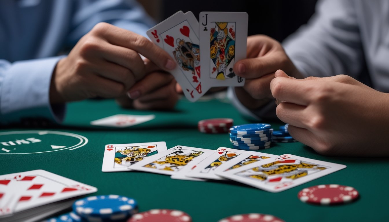Dua tangan pemain memegang kartu di atas meja kasino dengan chip dan kartu yang tertata rapi.