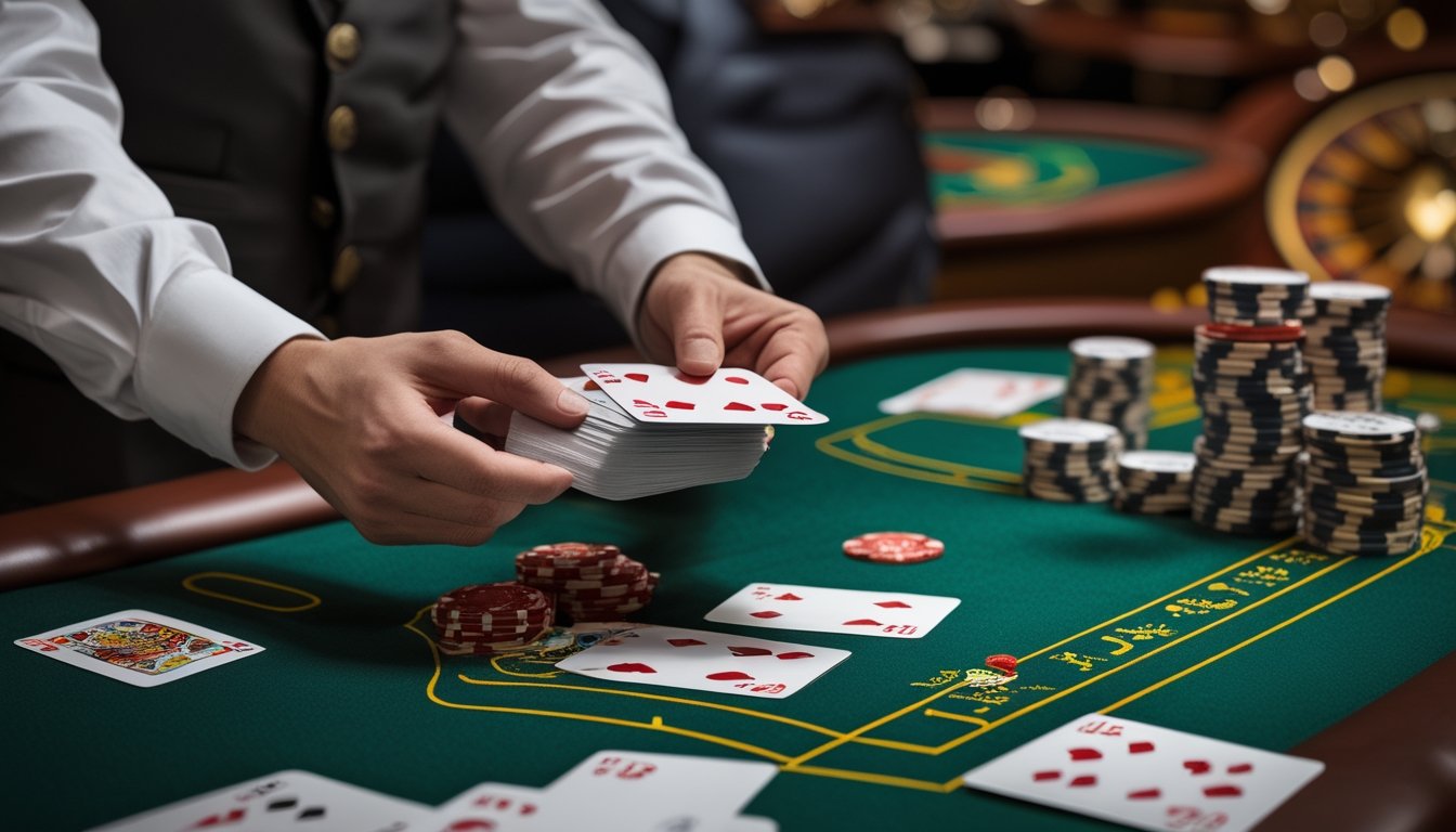 Meja kasino dengan permainan kartu Casino War sedang berlangsung, dealer membagikan kartu, dan tumpukan chip kasino terlihat di atas meja hijau.
