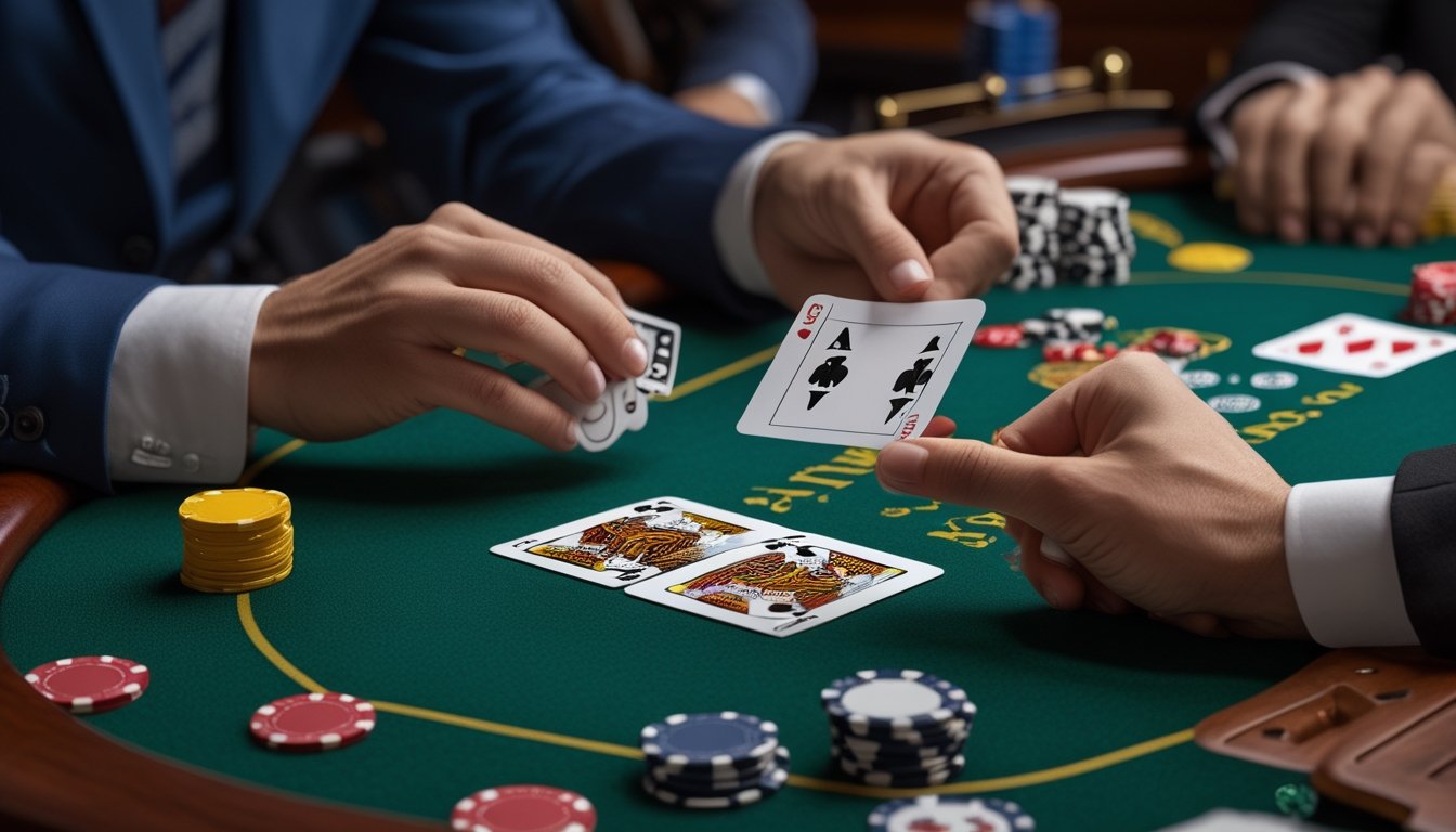 Tangan memegang kartu di meja kasino dengan chip dan kartu lain di sekitar, menampilkan permainan Casino War dan permainan kartu kasino lainnya.