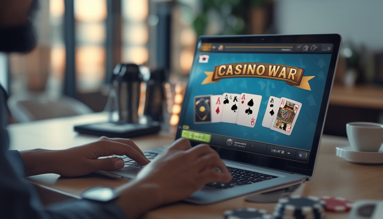 Seorang pemain menggunakan laptop untuk bermain game Casino War di kasino online dalam suasana yang aman dan nyaman.