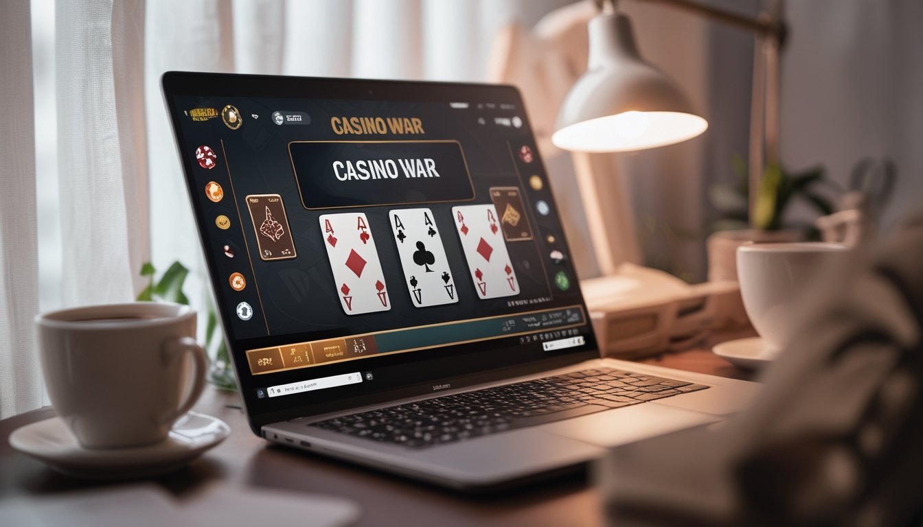 Seorang pemain menggunakan komputer untuk bermain Casino War secara online di lingkungan yang nyaman dan aman dengan kartu dan chip kasino di sekitar.