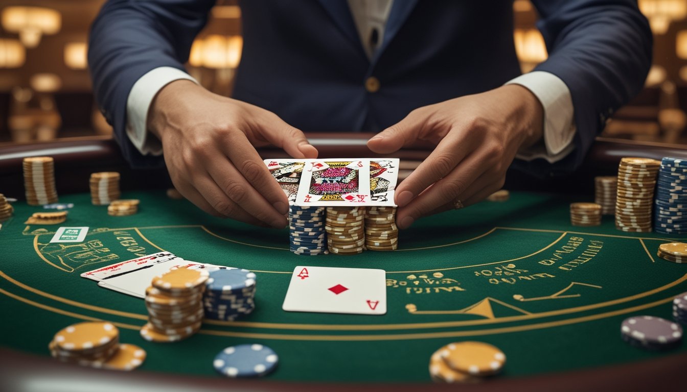 Tangan pemain sedang melakukan teknik squeeze pada kartu Baccarat di meja kasino dengan dealer mengawasi permainan.