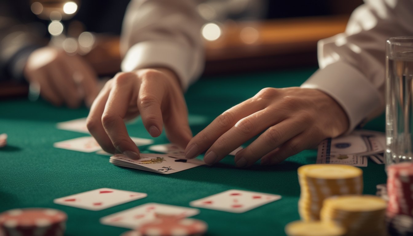 Tangan pemain sedang memegang dan perlahan membuka kartu baccarat di atas meja kasino.