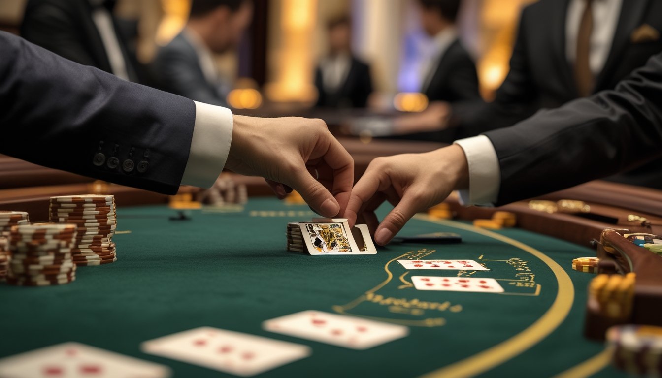 Tangan pemain sedang membuka perlahan kartu baccarat di meja kasino dengan tumpukan chip dan suasana kasino di latar belakang.