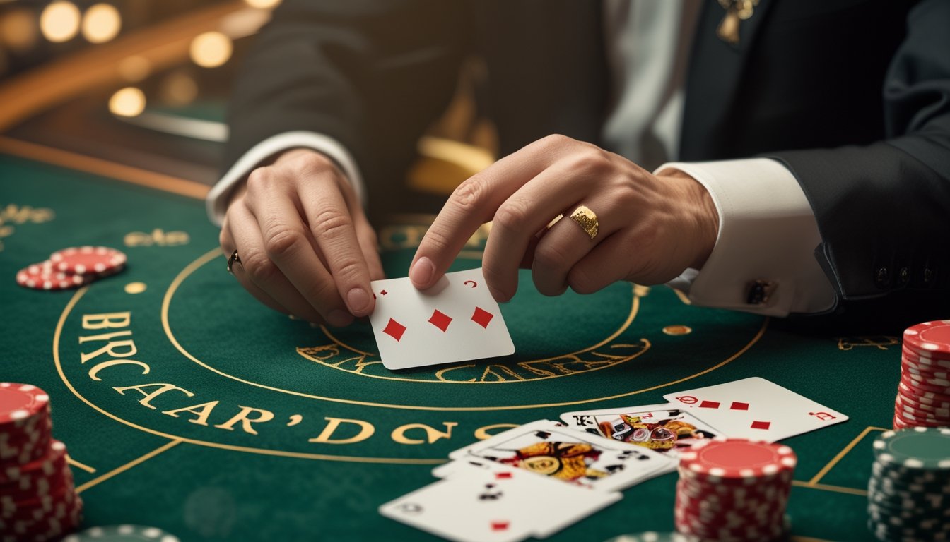 Tangan dealer sedang membuka kartu dengan gerakan squeeze di meja Baccarat di kasino.