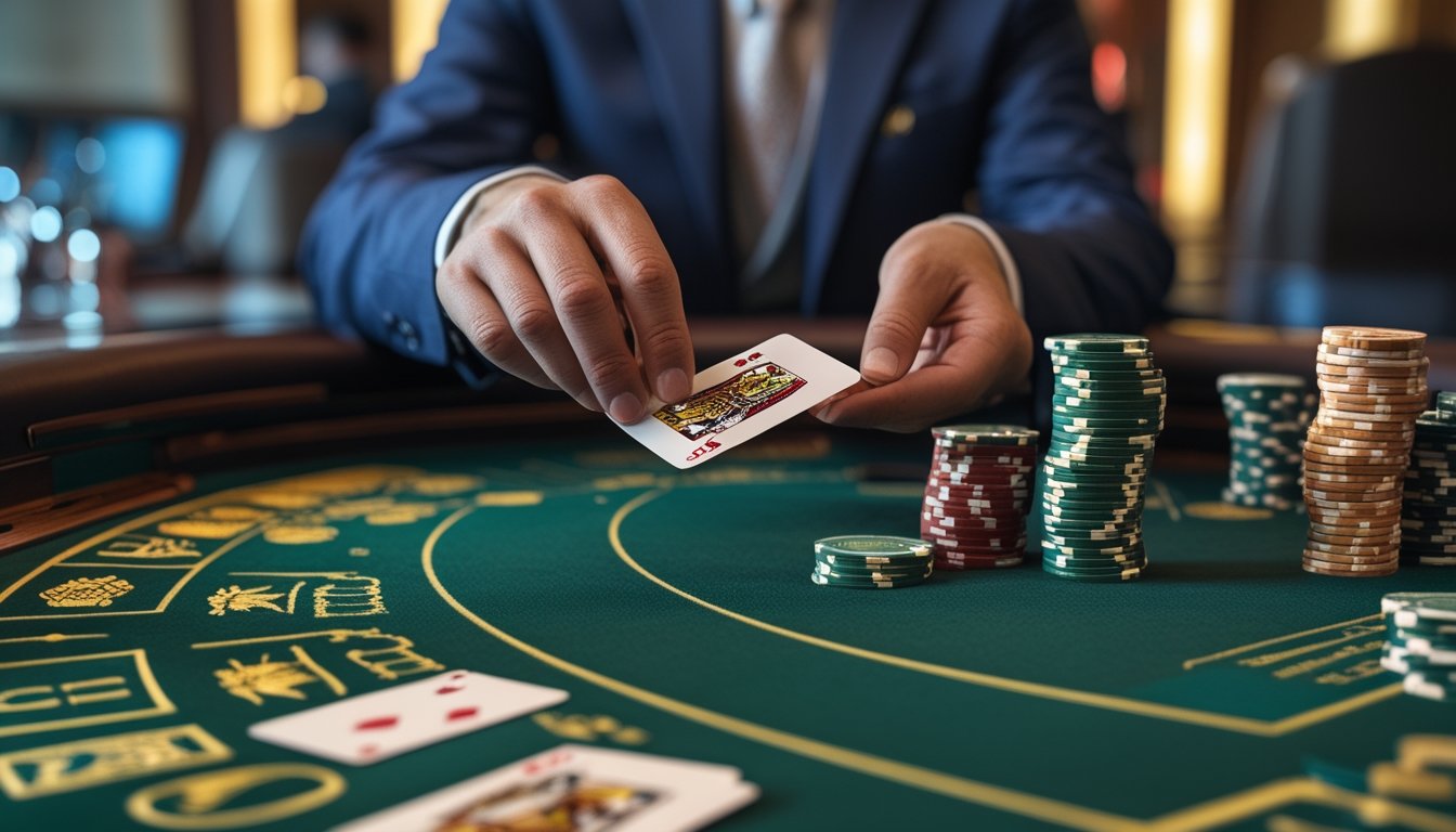 Tangan seorang pemain yang sedang melakukan teknik squeeze kartu di meja permainan baccarat di kasino.