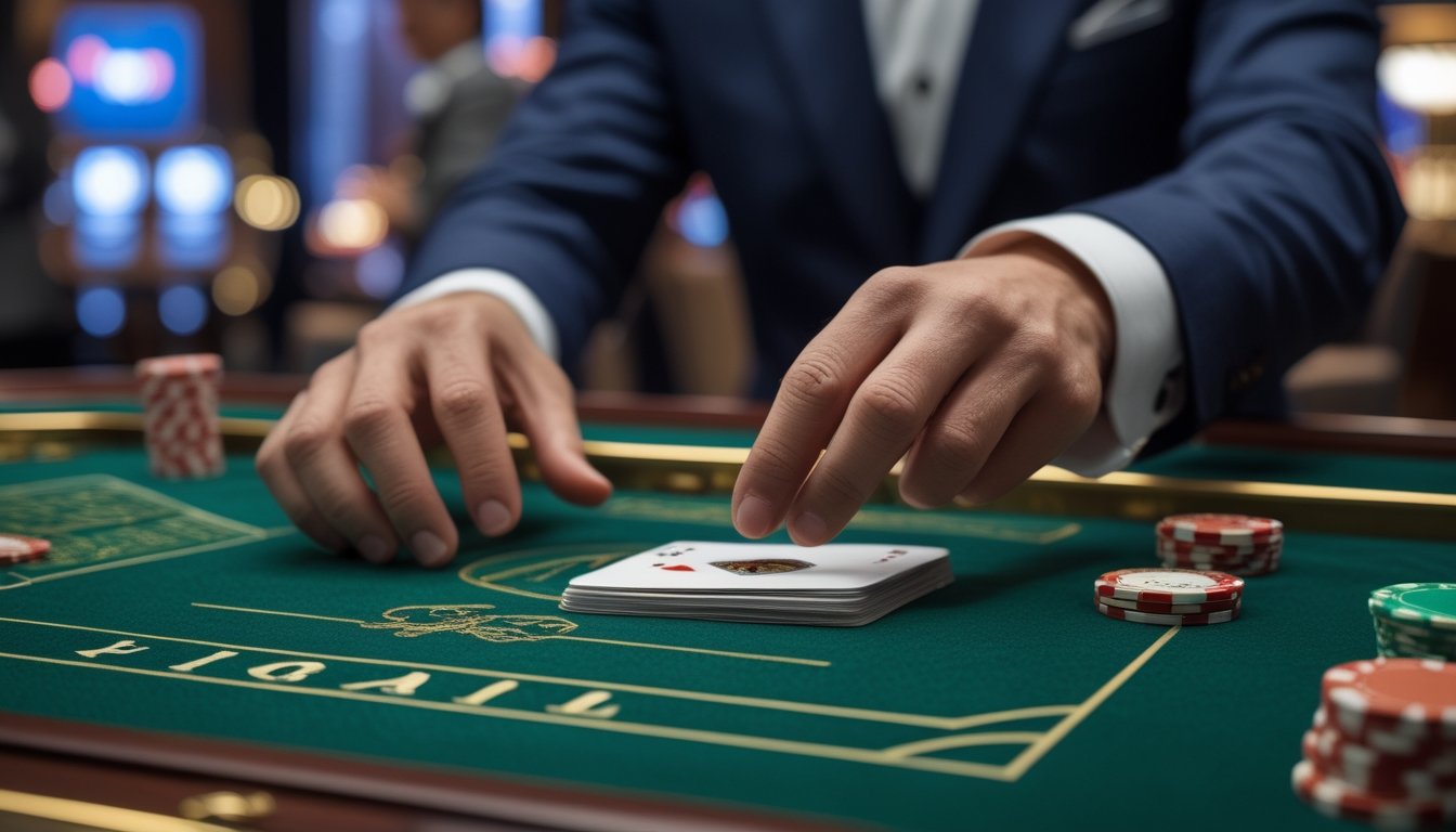 Tangan seorang pemain yang sedang melakukan teknik squeeze kartu dalam permainan baccarat di meja kasino.