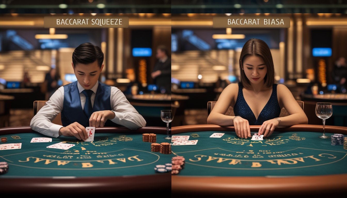 Dua meja baccarat berdampingan di kasino mewah, satu pemain sedang memeras kartu dengan hati-hati, pemain lain membuka kartu secara tradisional.