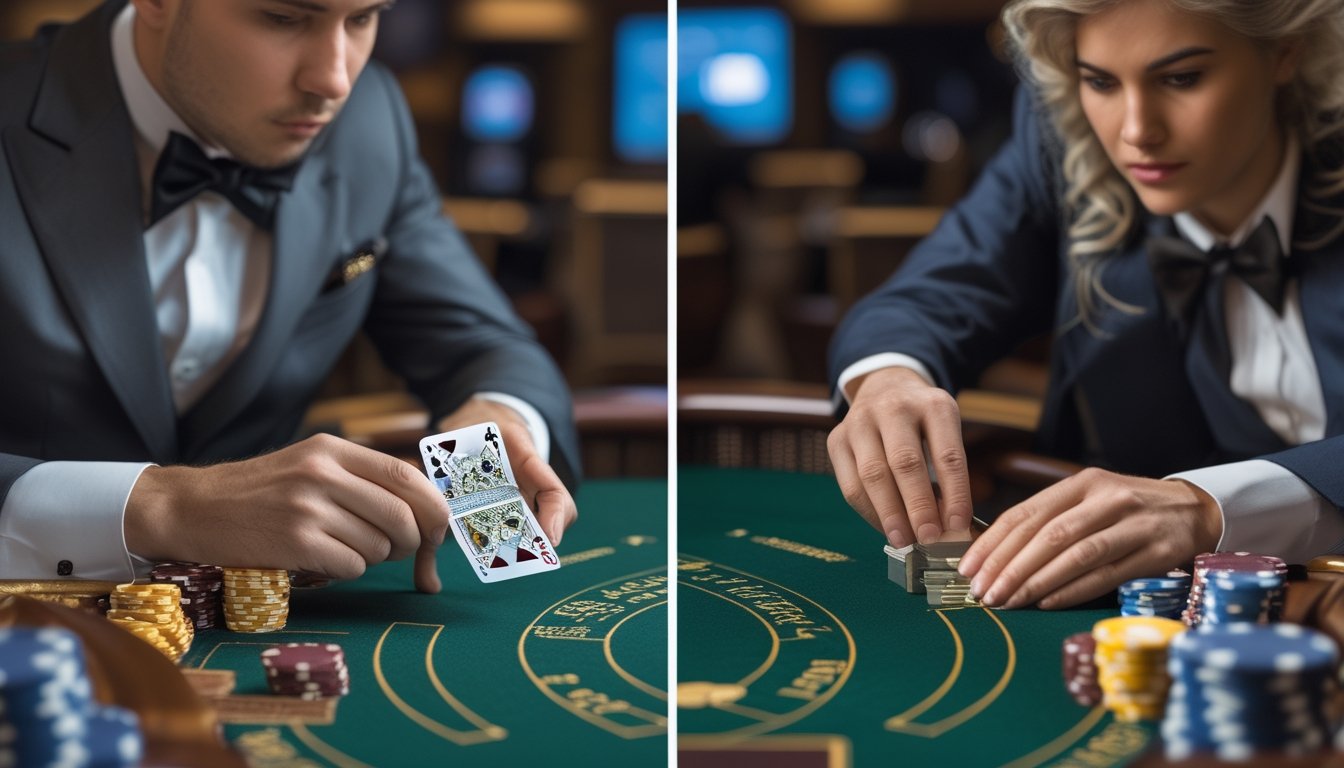 Meja baccarat di kasino dengan seorang pemain sedang mengupas kartu perlahan dan pemain lain bermain baccarat biasa di sisi lain meja.