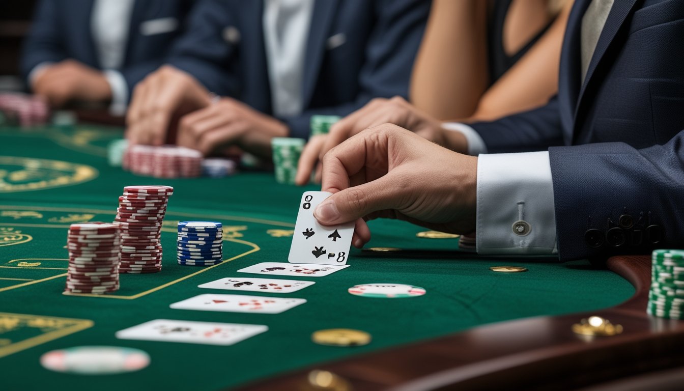Seorang pemain dengan pakaian rapi sedang membuka sudut kartu di meja baccarat, dengan tumpukan chip dan pemain lain di latar belakang.