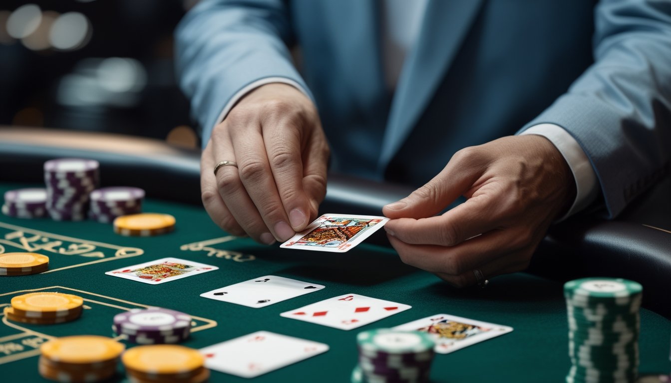 Seorang pemain sedang membuka sudut kartu dalam permainan Baccarat Squeeze di meja kasino dengan tumpukan chip dan suasana mewah.