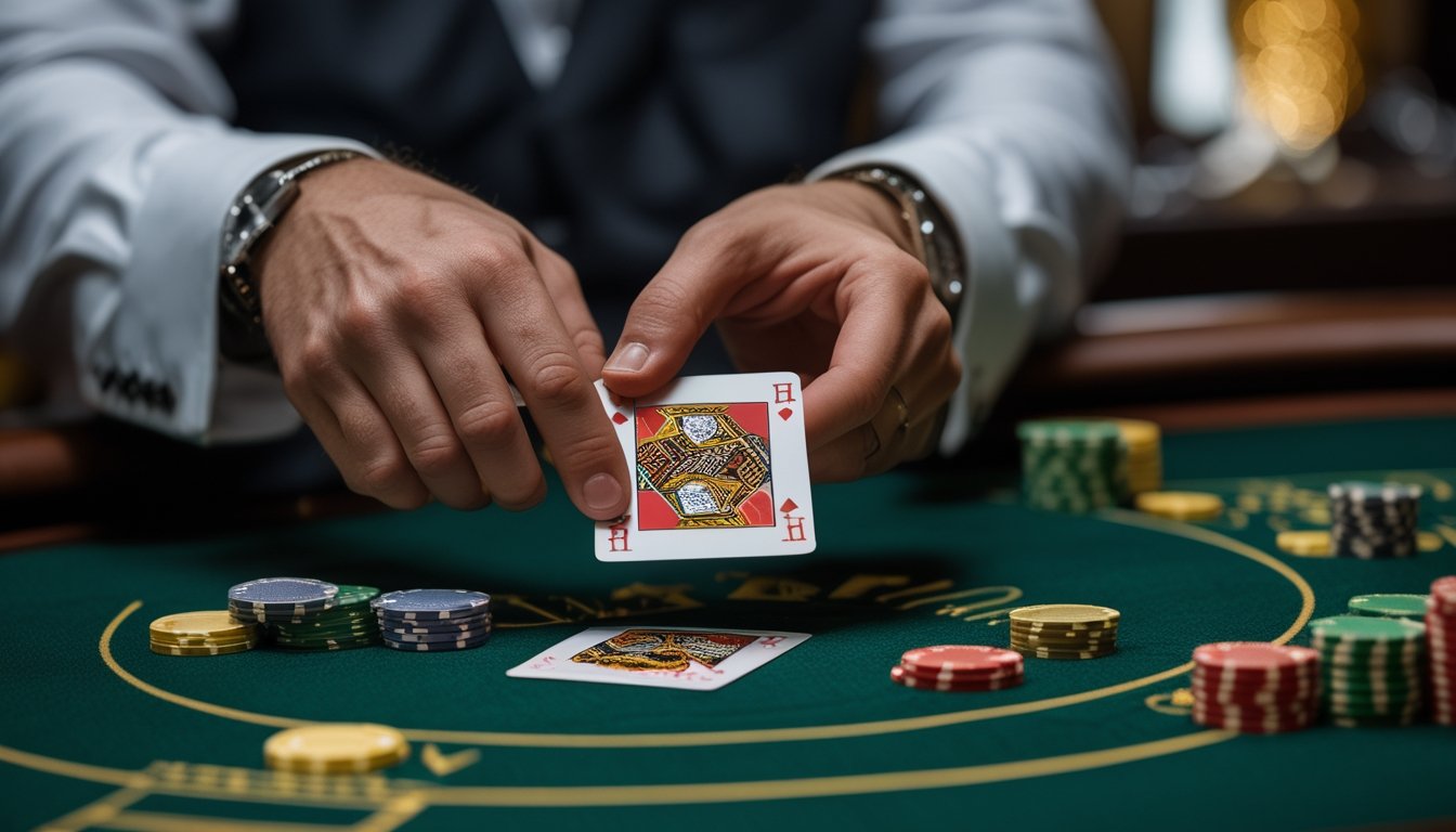 Tangan seorang pemain sedang mengupas sudut kartu Baccarat di atas meja kasino dengan tumpukan chip dan pencahayaan lembut.