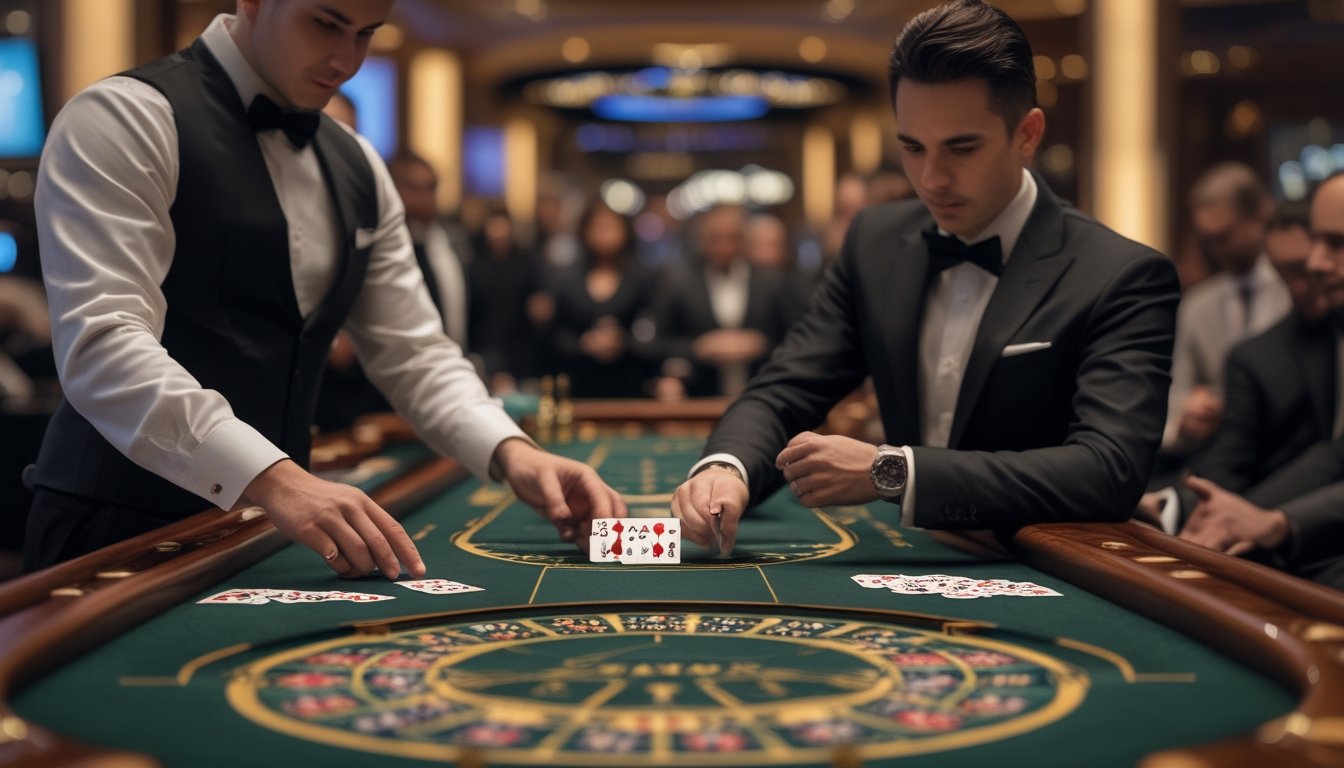 Meja kasino dengan dealer yang sedang membagikan kartu baccarat secara tradisional dan dealer lain yang sedang melakukan teknik squeeze, dengan pemain yang memperhatikan permainan.