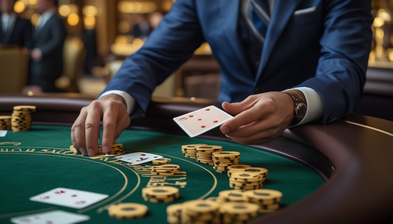 Seorang pemain berjubah rapi sedang membuka sudut kartu di meja baccarat dengan suasana kasino mewah di latar belakang.