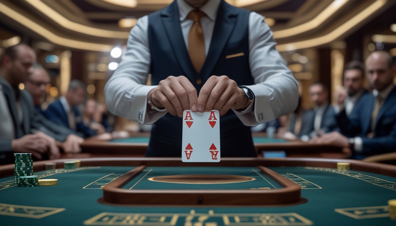 Seorang dealer di meja baccarat sedang membuka kartu dengan hati-hati, dikelilingi oleh pemain yang fokus di kasino.