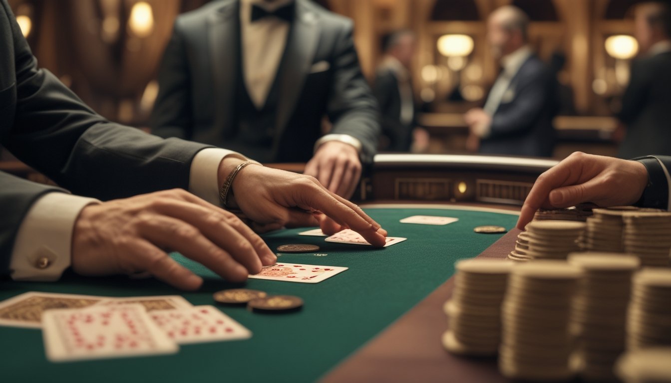 Meja kasino dengan permainan Baccarat sedang berlangsung, menampilkan tangan pemain yang sedang menyentuh kartu dengan latar belakang suasana kasino mewah.