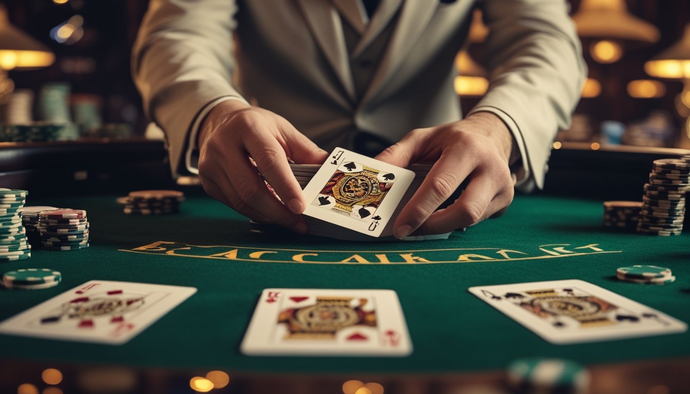 Meja baccarat di kasino dengan tangan dealer yang meremas kartu, dikelilingi oleh elemen vintage dan pencahayaan hangat.