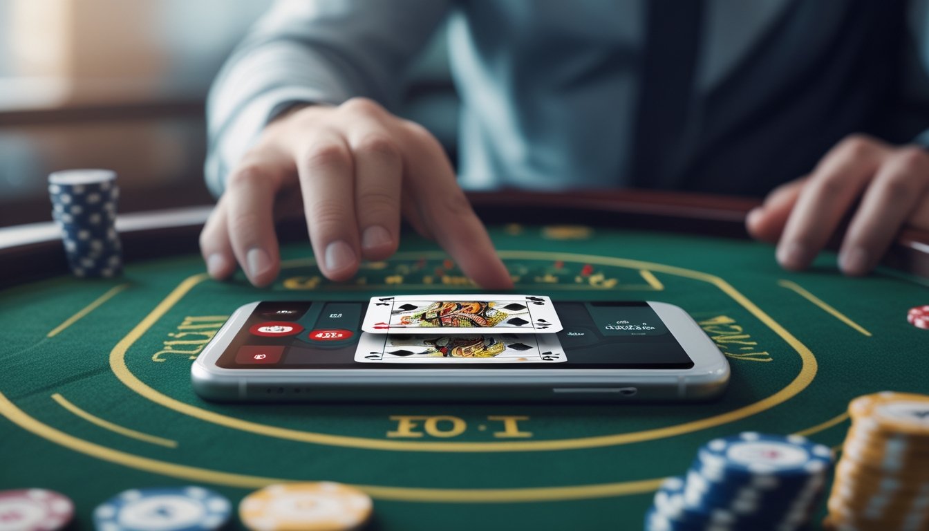 Seseorang memegang smartphone yang menampilkan permainan baccarat online dengan kartu dan chip kasino terlihat di layar.