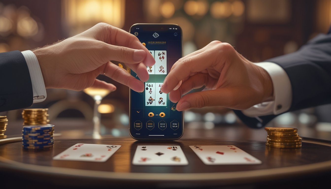 Tangan seseorang sedang melakukan gerakan squeeze kartu baccarat di layar smartphone dengan latar belakang suasana kasino yang mewah.