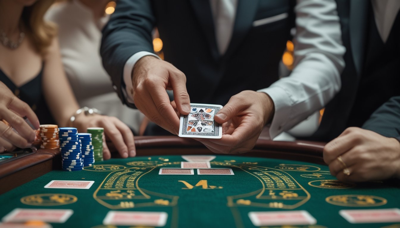 Seorang pemain berpakaian rapi sedang melakukan baccarat squeeze di meja kasino dengan pemain lain dan bandar mengamati dengan fokus.