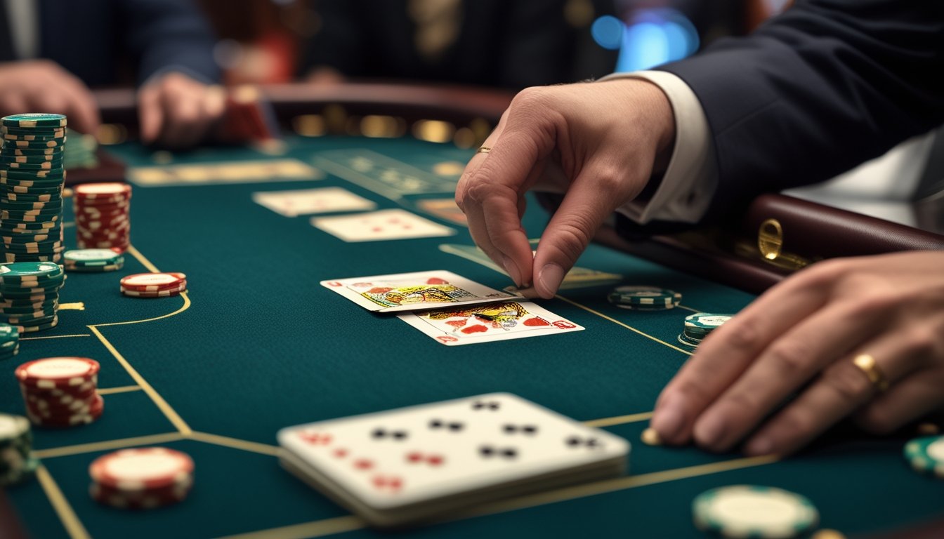 Tangan pemain sedang membuka kartu secara perlahan di meja baccarat di kasino dengan tumpukan chip dan suasana kasino di latar belakang.