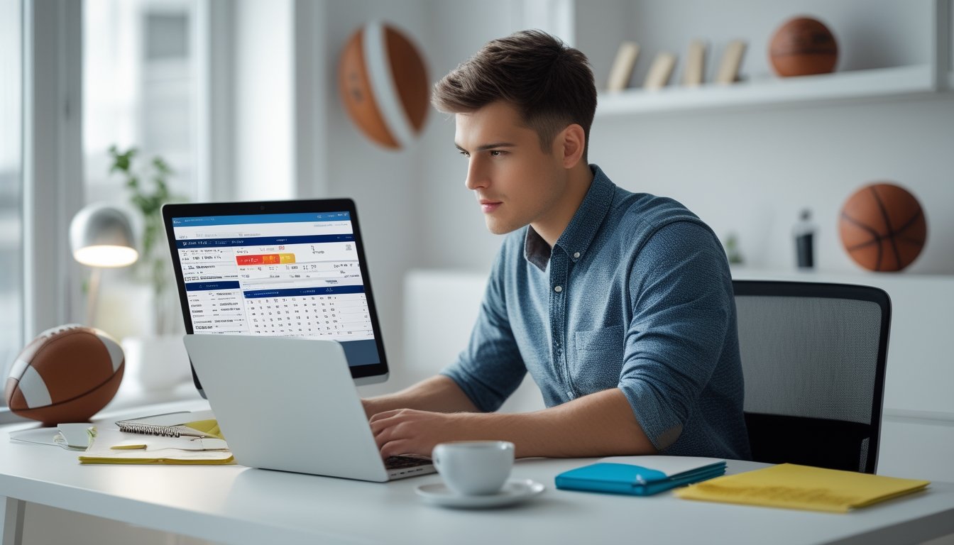 Seorang pria muda duduk di meja kerja dengan laptop dan catatan, fokus melihat statistik olahraga dan peluang taruhan.