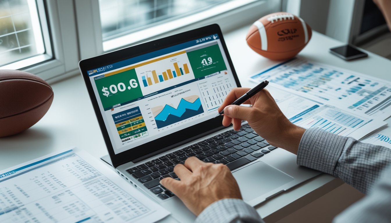 Meja kerja dengan laptop yang menampilkan grafik dan tabel odds taruhan olahraga, tangan menunjuk layar dengan pena, serta bola sepak dan bola basket di latar belakang.