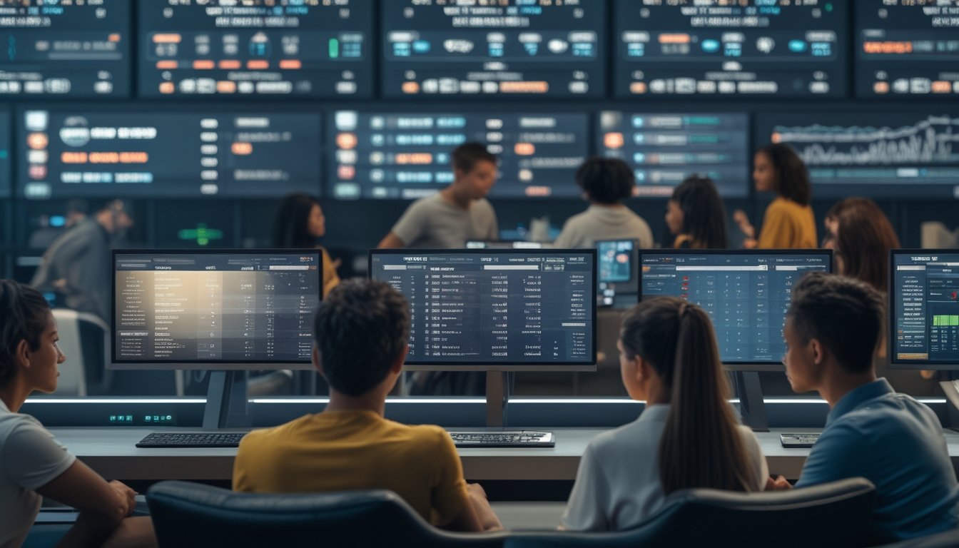 Sekelompok orang sedang melihat layar digital besar yang menampilkan berbagai jenis pasar taruhan olahraga di sebuah ruang taruhan modern.