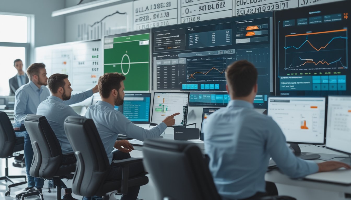 Sekelompok profesional sedang menganalisis data statistik tim olahraga di kantor modern dengan layar komputer dan papan tulis.