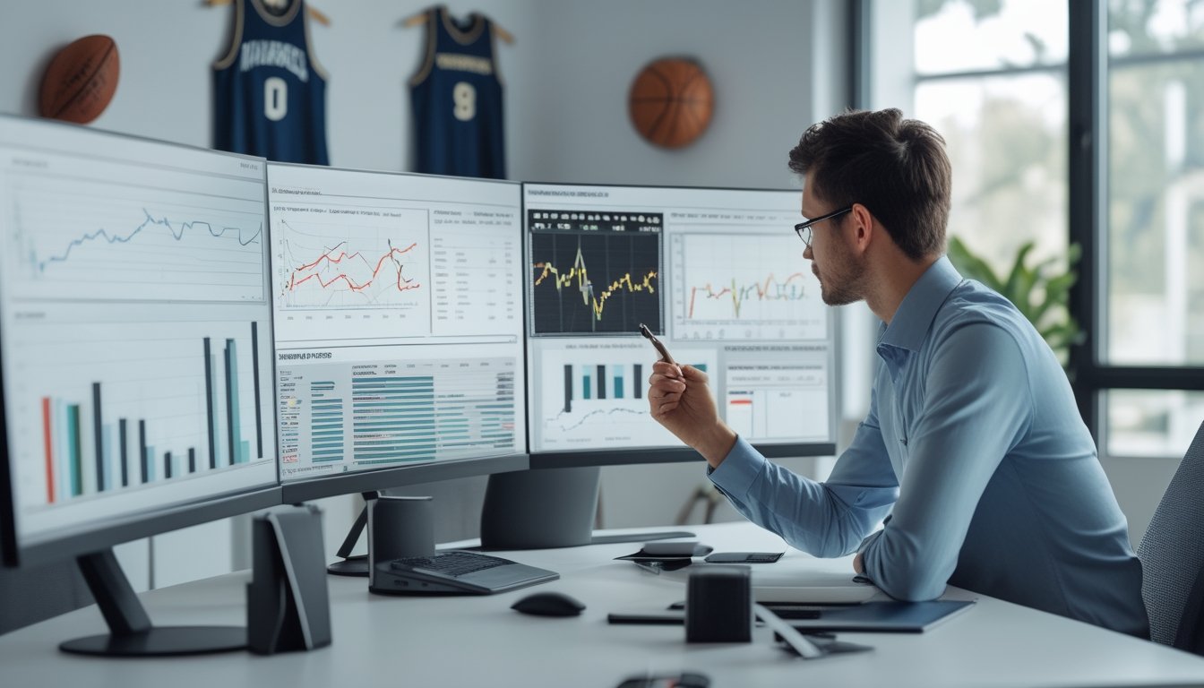 Seorang profesional sedang menganalisis data statistik taruhan olahraga di depan beberapa layar komputer dengan grafik dan diagram, di ruang kerja yang terang dan rapi dengan perlengkapan olahraga di sekitar.