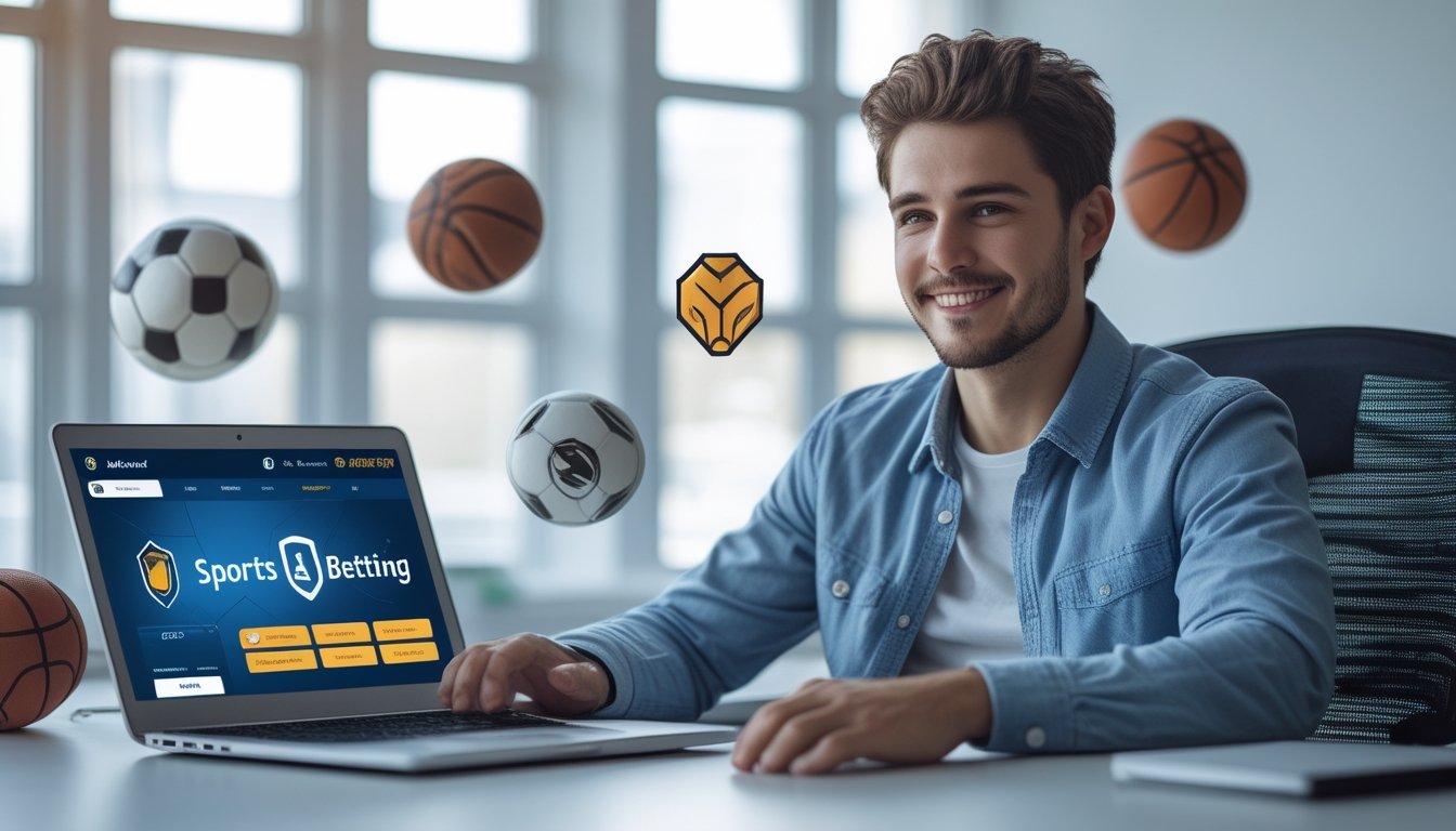 Seorang pria muda duduk di meja dengan laptop yang menampilkan antarmuka taruhan olahraga, dikelilingi oleh bola sepak, bola basket, dan raket tenis di ruang kantor yang terang dan modern.