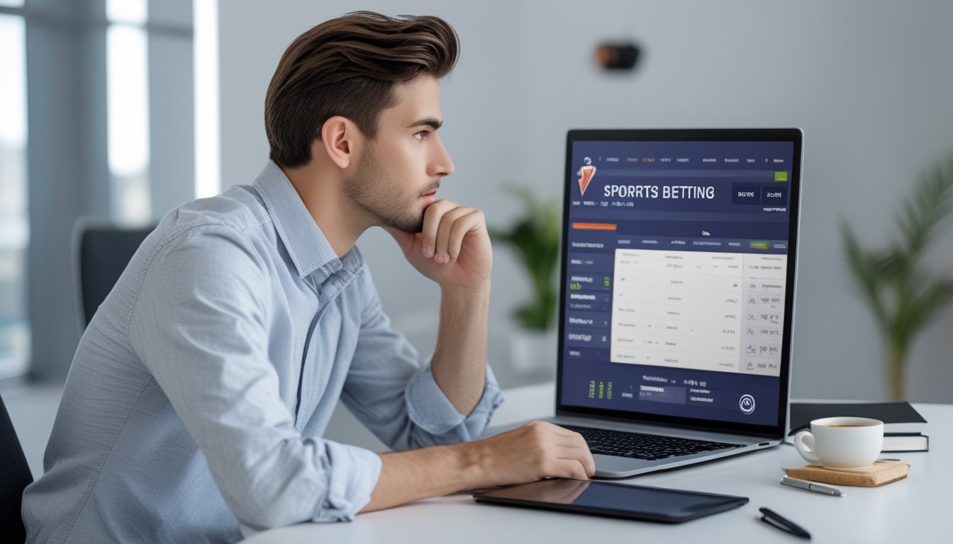 Seorang pria muda duduk di depan laptop dengan ekspresi serius, dikelilingi oleh alat tulis dan ponsel, menunjukkan suasana perencanaan taruhan olahraga online.
