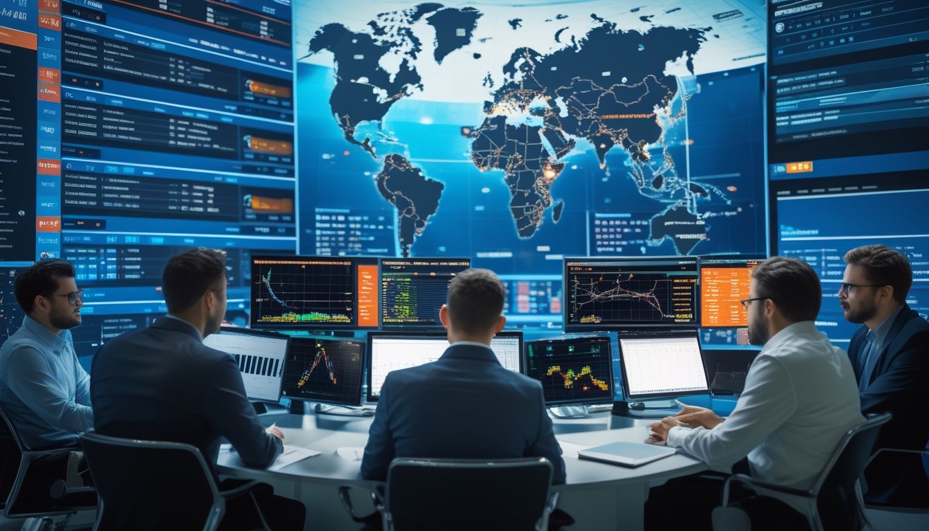 Tim analis olahraga sedang bekerja dengan data dan grafik taruhan di ruang kerja modern yang menampilkan peta dunia dan informasi pertandingan besar.