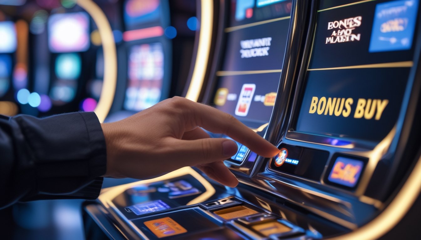 Tangan seseorang menekan tombol fitur bonus pada mesin slot di dalam kasino yang modern dan terang.