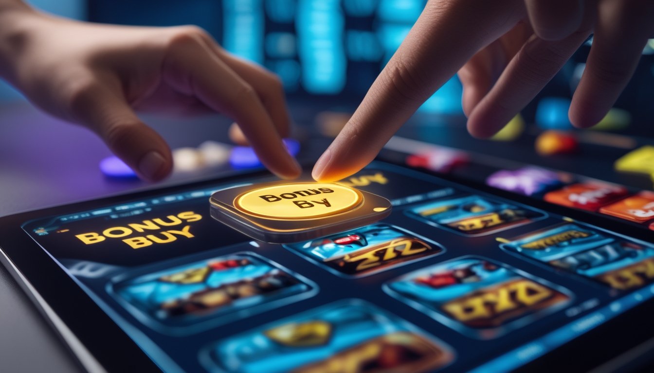 Tangan yang sedang menggunakan perangkat digital menampilkan permainan slot online dengan tombol bonus yang menyala di layar.