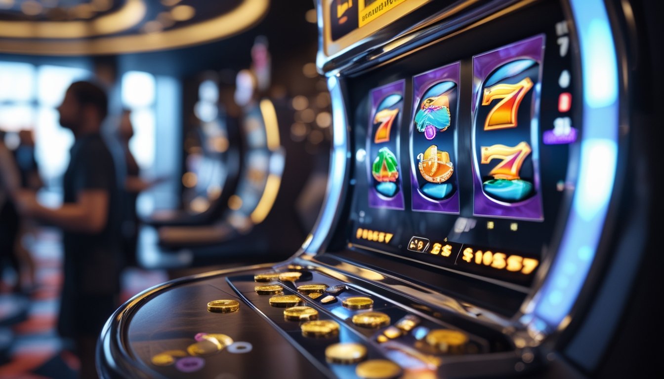 Mesin slot modern dengan gulungan berwarna cerah di kasino yang ramai, dengan koin dan chip di sekitar mesin.