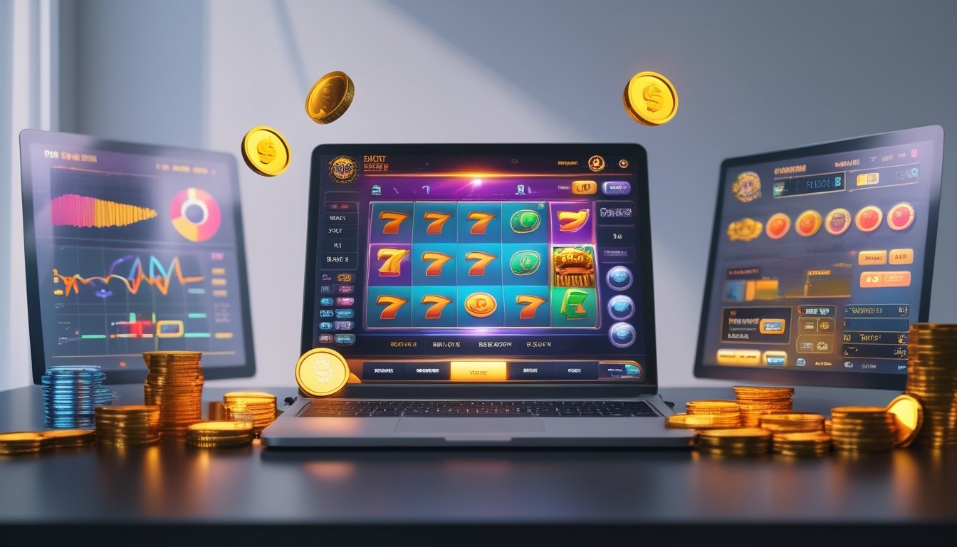 Sebuah meja dengan komputer yang menampilkan permainan slot digital dengan simbol bonus dan koin di sekitarnya.