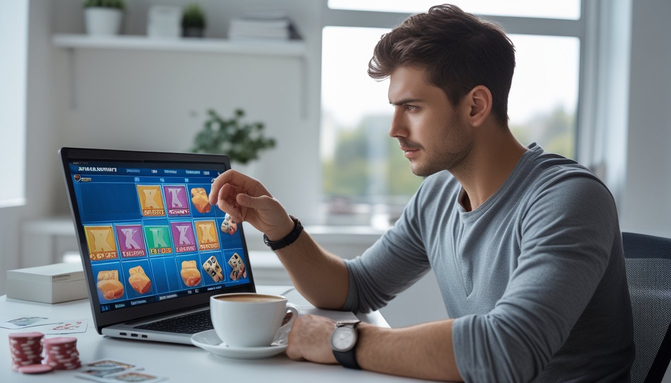 Seorang pria muda duduk di meja dengan laptop yang menampilkan permainan slot online, tampak fokus dan berpikir strategis.