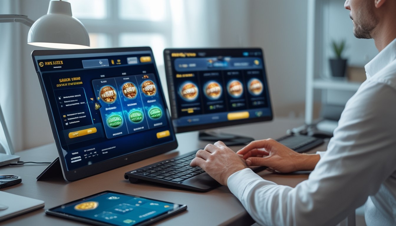 Seseorang sedang duduk di depan laptop dan smartphone yang menampilkan permainan slot online dengan fitur bonus, terlihat fokus dan sedang menganalisis strategi.