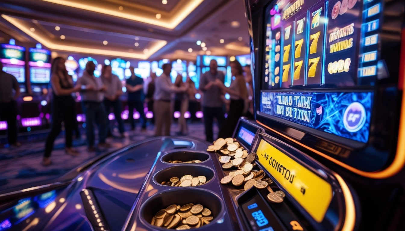 Mesin slot di kasino dengan koin yang keluar dan pemain yang terlihat senang di latar belakang.