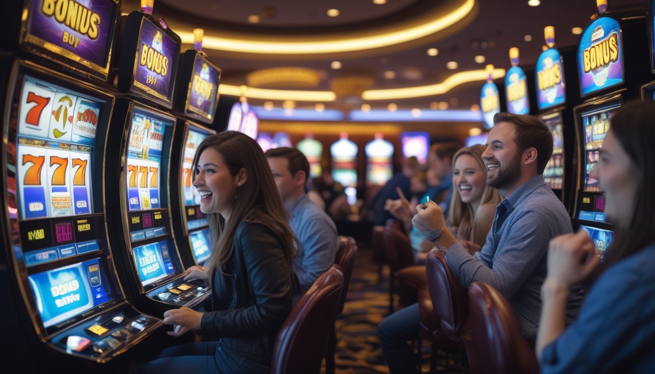 Beberapa pemain sedang bermain mesin slot di kasino dengan ekspresi antusias dan latar belakang mesin slot yang berwarna-warni.
