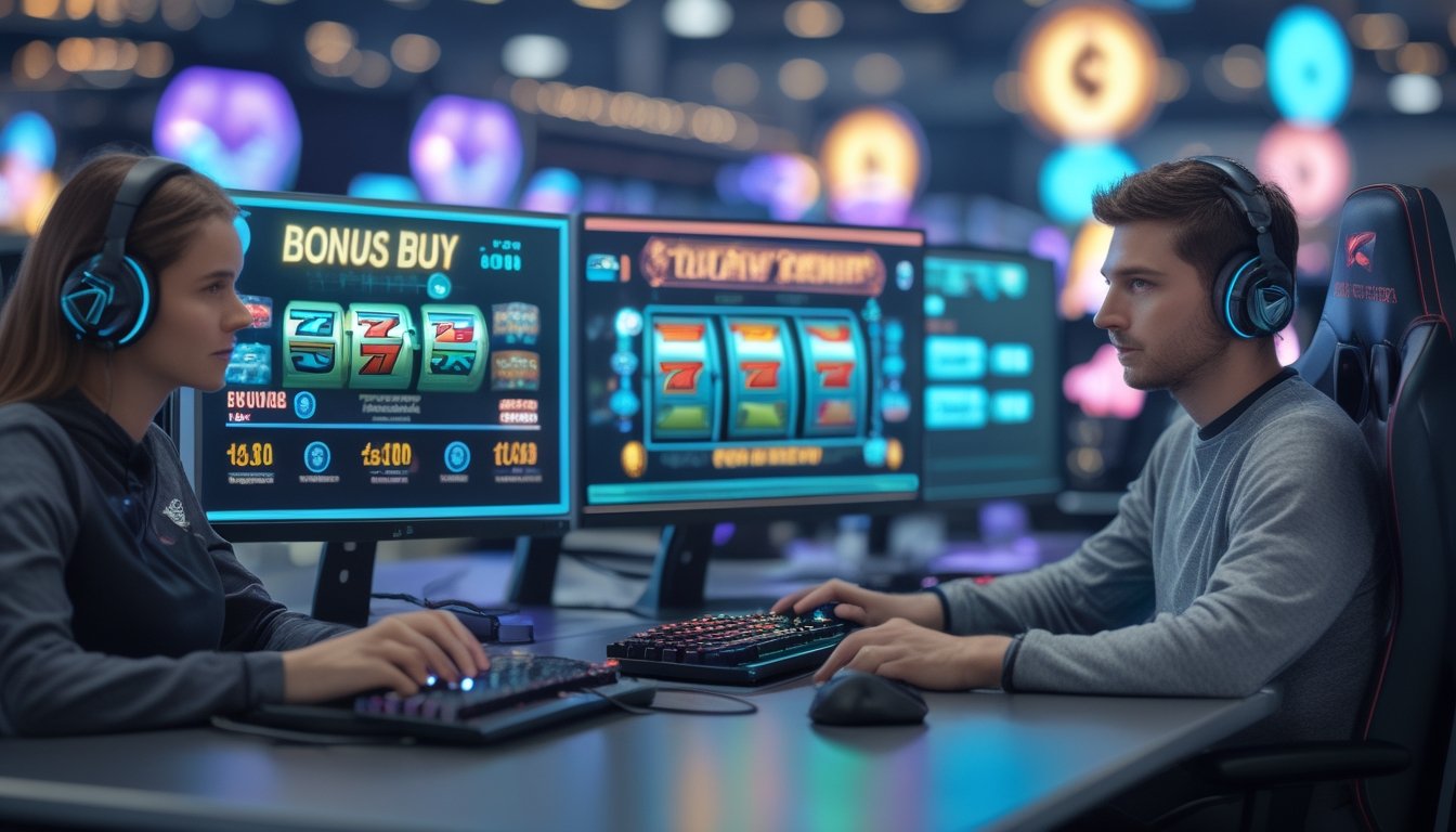 Dua orang dewasa sedang bermain game slot online di depan komputer dengan layar menampilkan permainan slot berwarna-warni dan simbol bonus.