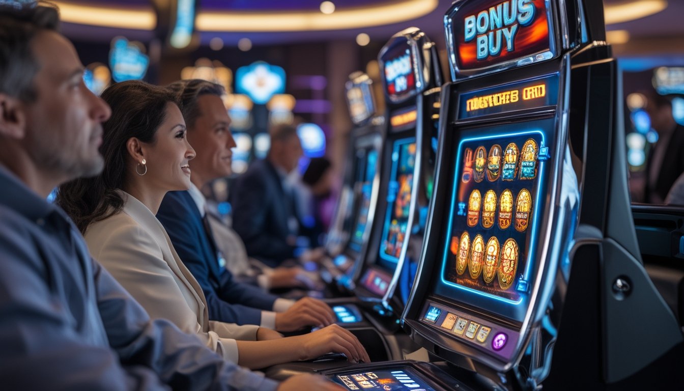 Orang-orang sedang bermain mesin slot modern dengan fitur bonus buy di kasino.
