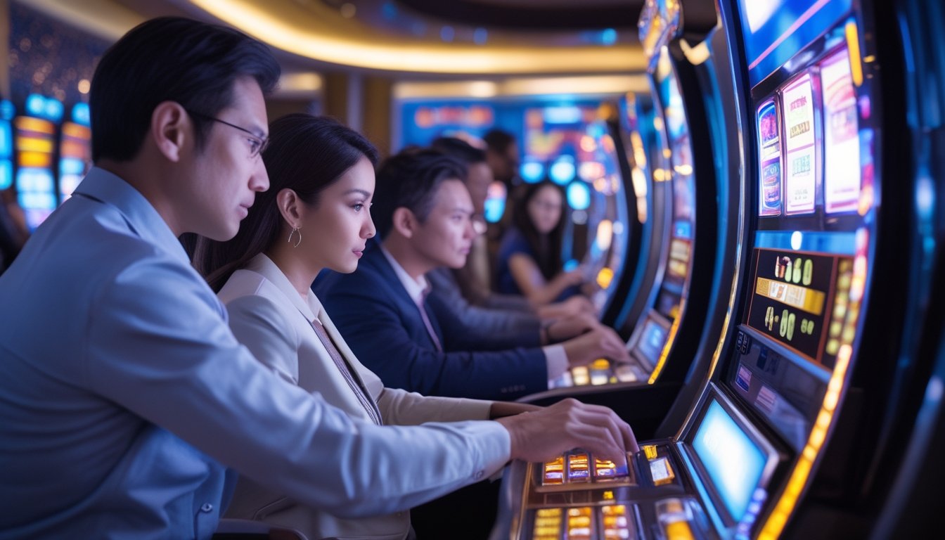 Beberapa orang sedang bermain mesin slot di kasino dengan satu pemain sedang mempertimbangkan untuk mengaktifkan fitur bonus buy.